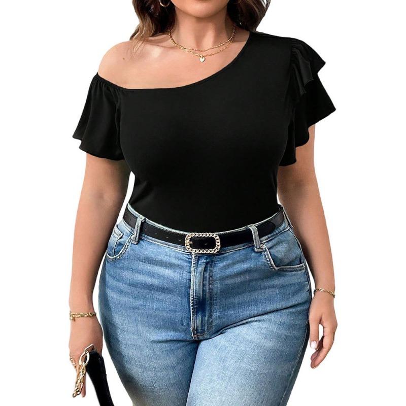 Women Black Asymmetric Off Shoulder Ruffle Short Sleeve Casual Top
