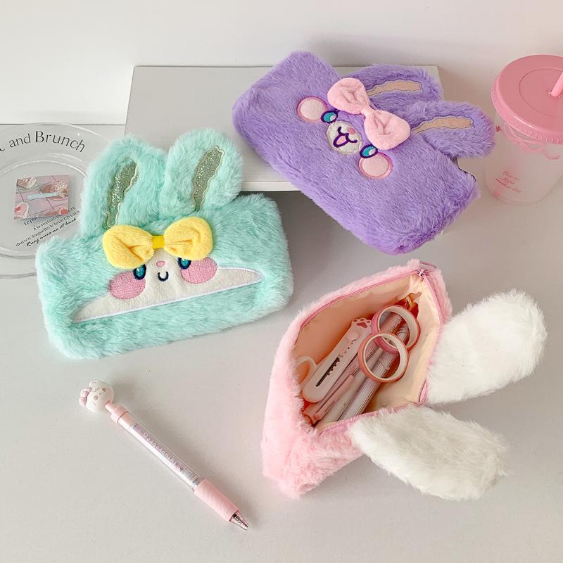 Kawaii Cartoon Plush Rabbit Pen Bag High-Capacity Multi-Function Stationery Case Cute Storage Bag For Student School Supplies
