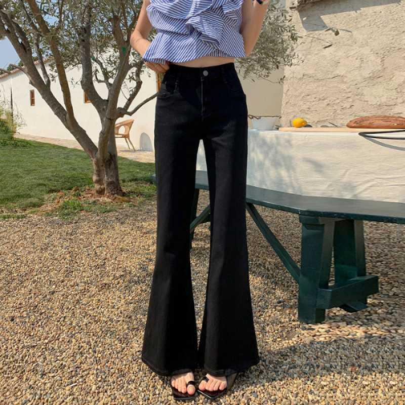 Petite High-Waisted Elastic Micro-Flare Women s Jeans with Extended Length L