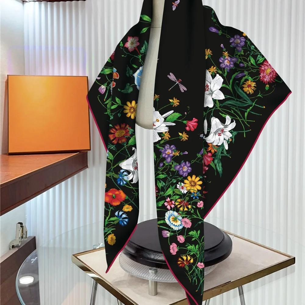 90cm Silk Scarf Women Plants Flowers Printed Square Scarves Head Echarpes Foulards Femme Wraps Shawls Bandana Lady Hijabs