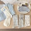 Summer Lightweight Bow Tie Women's Blue Color Pile-up Stockings with Hollowed-out Small Floral Patterns and Mid-length Socks with An Academic Style