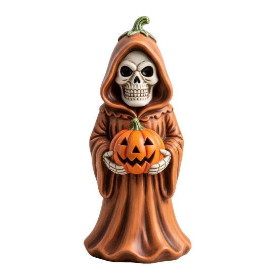 Halloween Skull Pumpkin Figurine Resin Skeleton Holding Pumpkin Statue Spooky Tabletop Ornaments for Indoor Home Decor