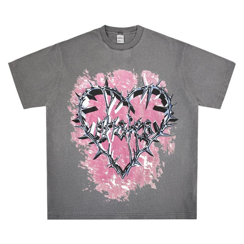 Washed Retro High Street Thorns Small Heavy Vintage Printed Short-Sleeved T-Shirt Retro Neckline Love Bottoming Shirt Cotton
