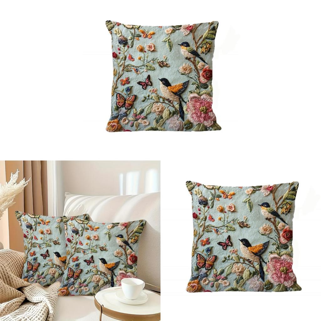 Funda de Cojín de Terciopelo Bordada con Pájaro y Mariposa Floral Para Decoración de Sala de Estar