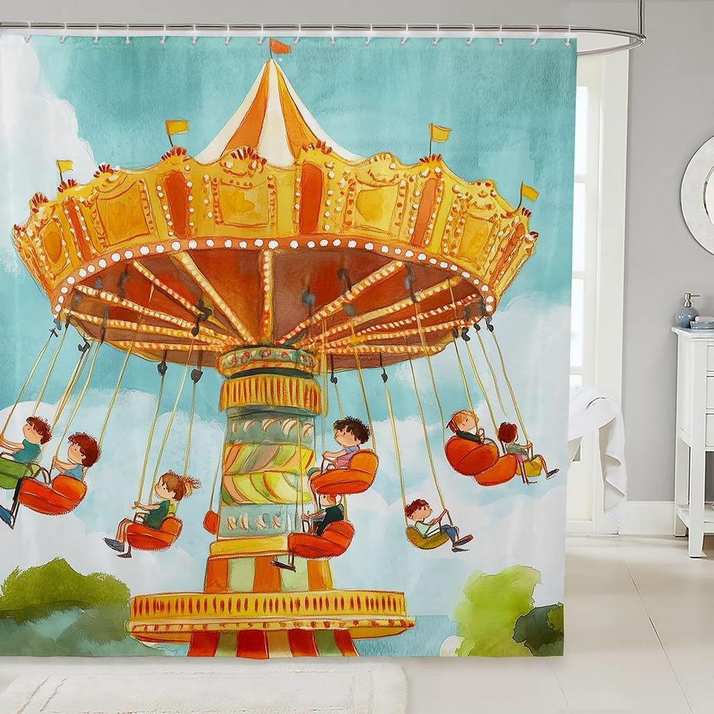 Cartoon Circus Bathroom Curtains Happy Holiday Shower Curtain Sets for Kids Boys Girls Funny Ferris Wheel Shower Curtain Funny