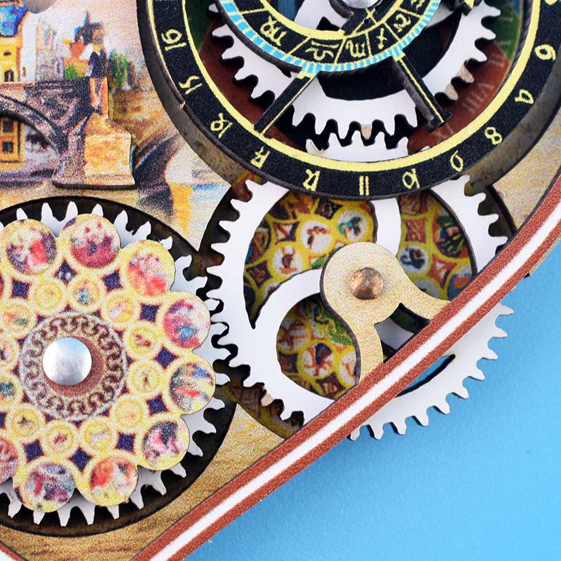 Prague Astronomical Clock 3D Wooden Magnet with Rotating Gears - Czech Travel Souvenir
