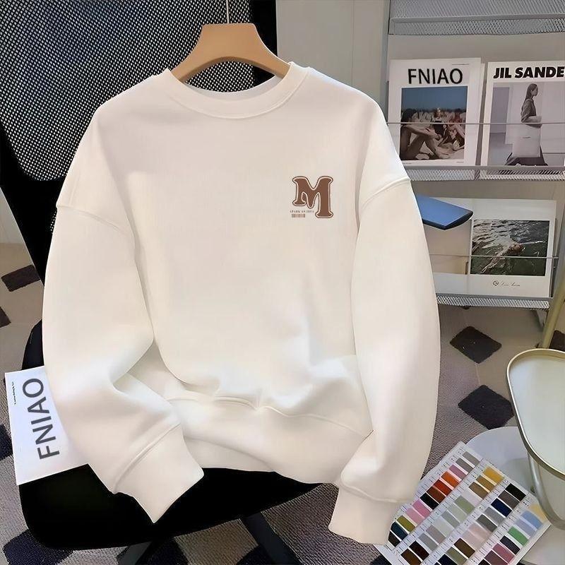 Men Round Neck Long Sleeve Hoodless Cotton Loose Casual Fashion Daily Sweatshirt M белый