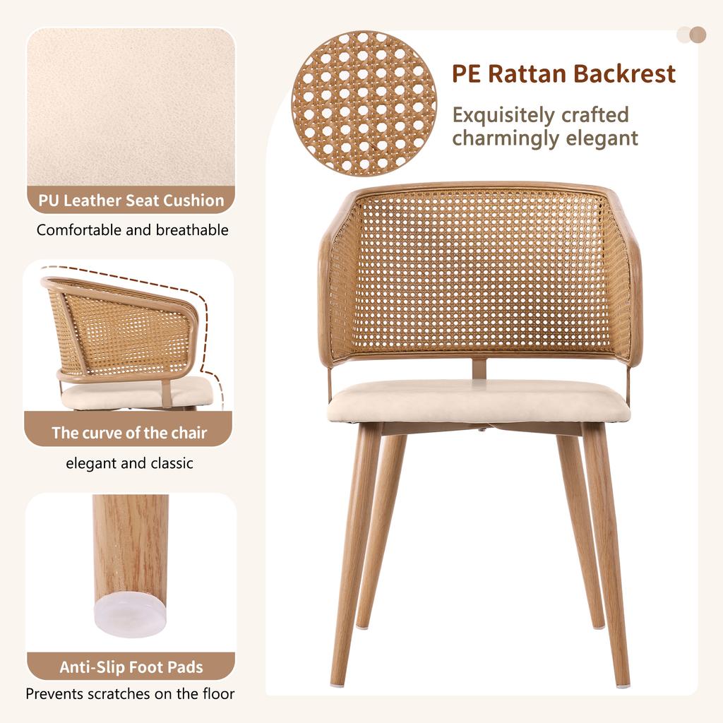 2 Dining Chairs with Rattan Backrest, Seat Cushion PU Leather, Breathable, Modern and Simple Style, Suitable for Restaurants, Living Rooms and Cafés