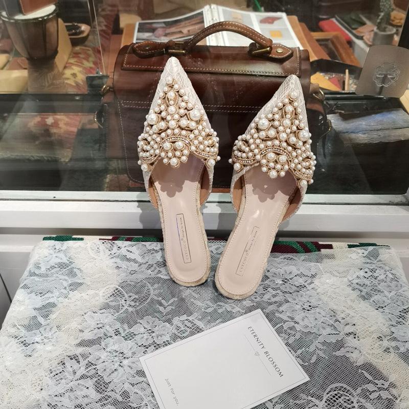 

Шлепанцы на плоском каблуке с жемчужным кружевом, с острым носком, с закрытым носком, наполовину открытые, плоские сандалии, женские летние сандалии, ручная работа, стразы, бисер, большой размер 43 абрикосовый