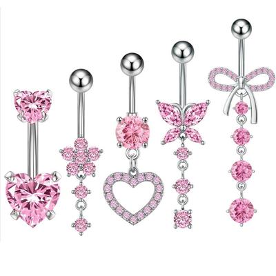 Ensemble de 5 piercings de ventre en forme de fleur et de papillon en zircone cubique rose, en acier inoxydable, anneau de nombril incurvé en forme de cœur, Lot de bijoux pour le corps, 14G