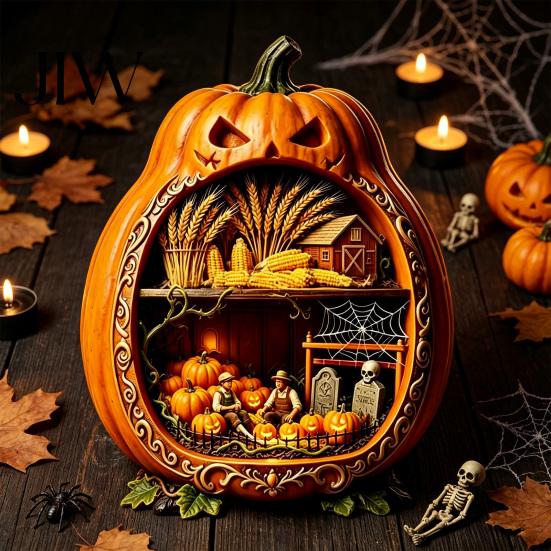 Wooden Halloween Decorations Centerpiece Pumpkin, Pumpkin Ornament with Miniature Scenes, Rustic Unique Table Centerpieces Skeleton for Farmhouse Home