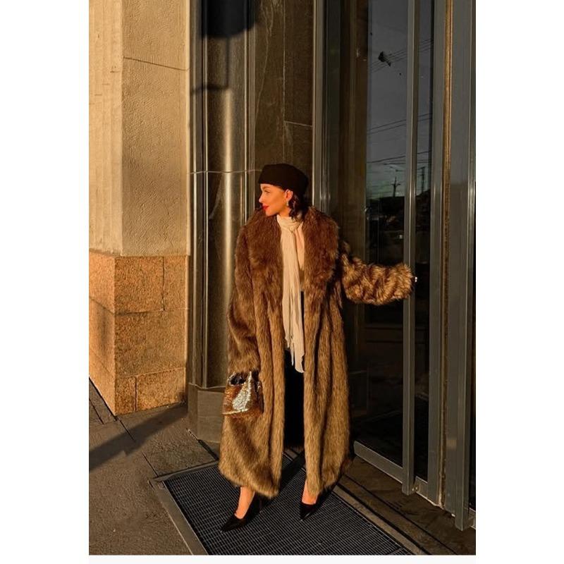 Winter Women's Faux Fur Long Coat Lapel Warm Thickened Overcoat
