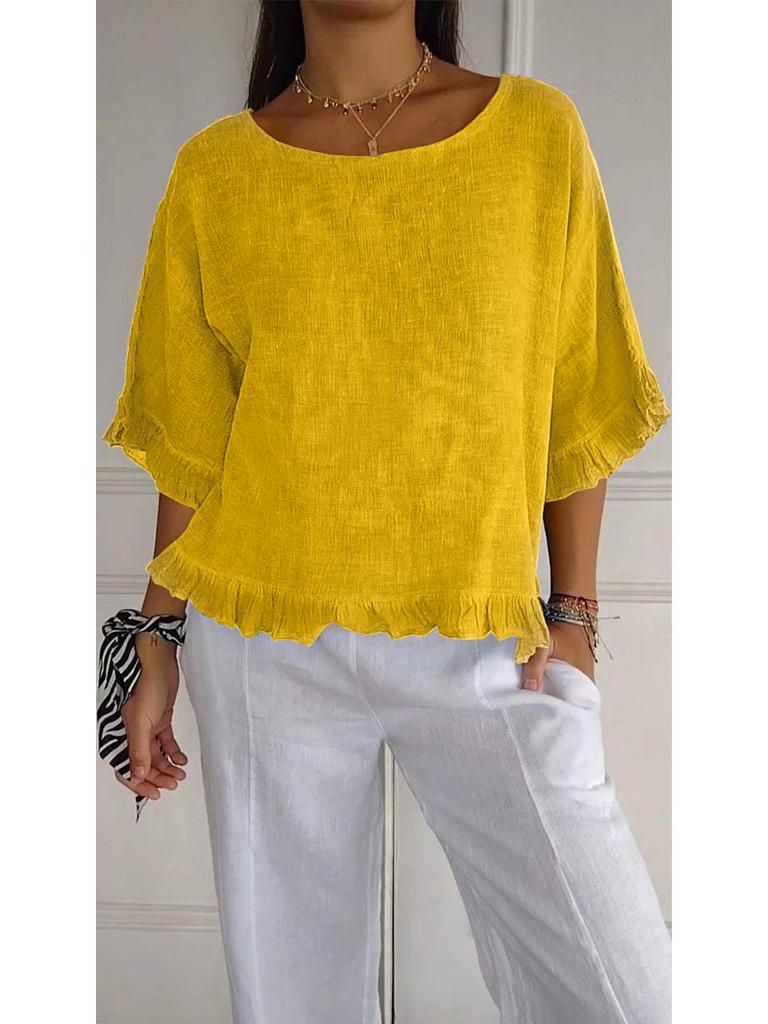 2025 Women's Loose Fit Short Sleeve Cotton Linen Shirt - Solid Color, Round Neck, European & American Style.