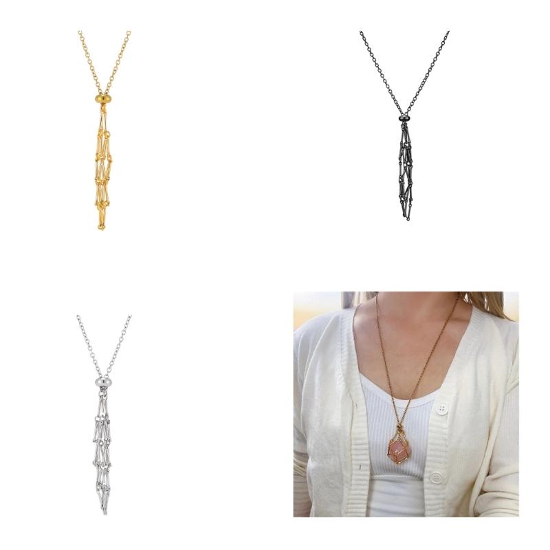 Natural Crystal Holder Necklace Adjustable Mesh Pendant Necklaces Metal Collarbone Chain Crystal Stone Holder Accessory