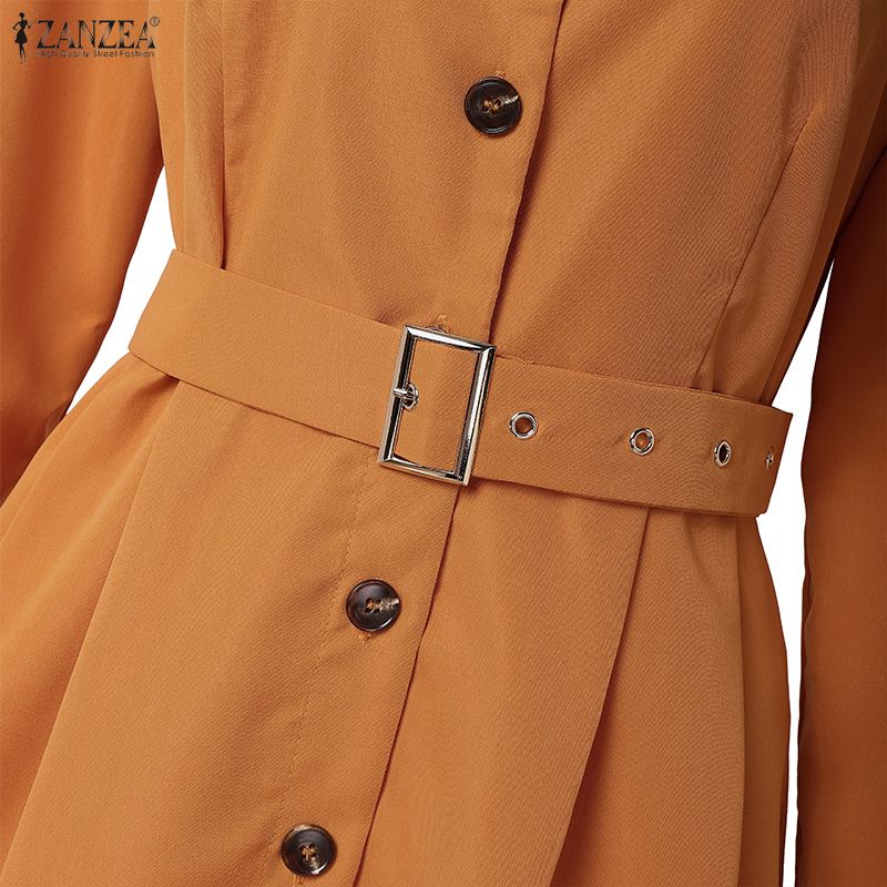 ZANZEA Lässiges Damen-Kleid mit Umlegekragen und langen Ärmeln