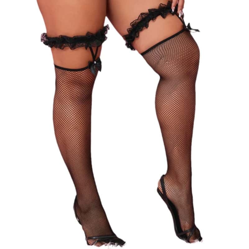 Black White Bow Lace Fishnet Long Socks Over Knee Sexy Lolita Girls Suspender Silk Thigh High Stockings Plus Size for Women XXXL