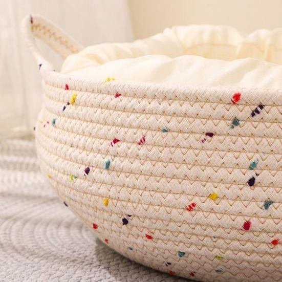 Cat Basket Bed with Cushion Cat Ear Cotton Rope Woven Pet Bed Breathable Cat Basket for Indoor Cats All Season Use