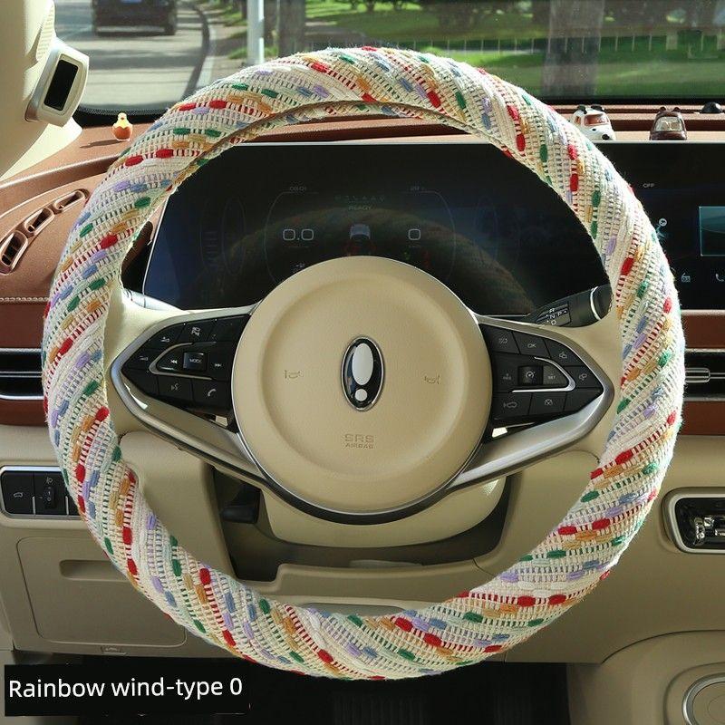 

Car Steering Wheel Cover, Universal for All Seasons, Cotton and Linen, Women s Car Interior Decoration Protective Cover, Anti-Slip Winter Handle Cover Rainbow Wind [Round-38Cm]