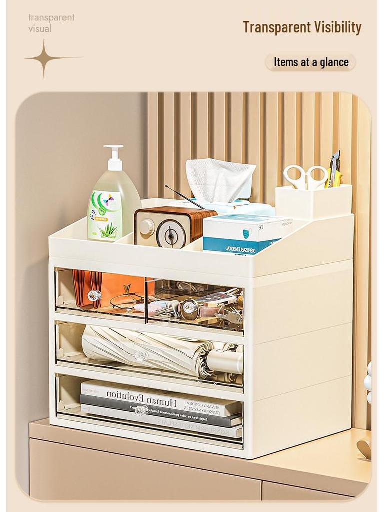 Desktop Storage Box with Drawer – Dustproof, Transparent Organizer for Dorm Desk and Office Stationery/Books/Documents