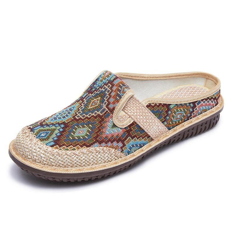 Women's Lazy Slip-on Closed-toe Slippers, Casual Shoes with Color-block Plaid Pattern, Versatile Mother's Shoes, Single Shoes.