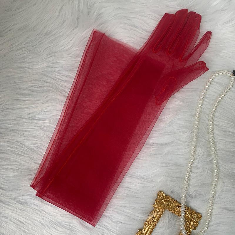 Премиум черные шелковые сетчатые перчатки женские тонкие свадебные платья длинные шелковые бордовые прозрачные рукава фото красный