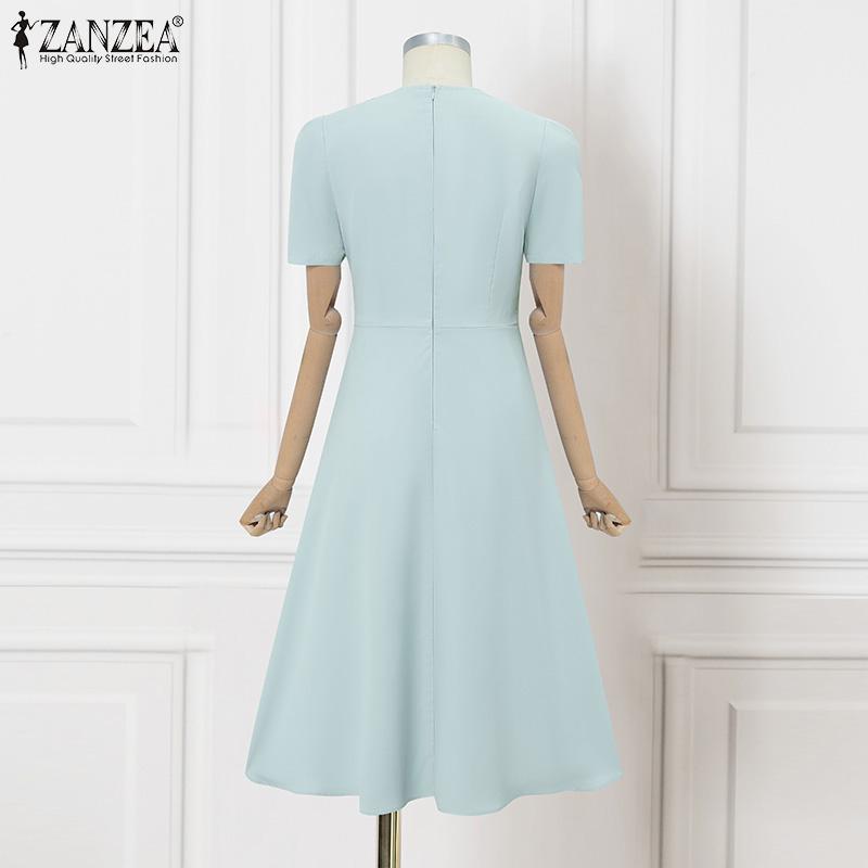 ZANZEA Elegantes Damen A-Linien Kleid mit Rundhalsausschnitt, kurzen Ärmeln und Taillierung