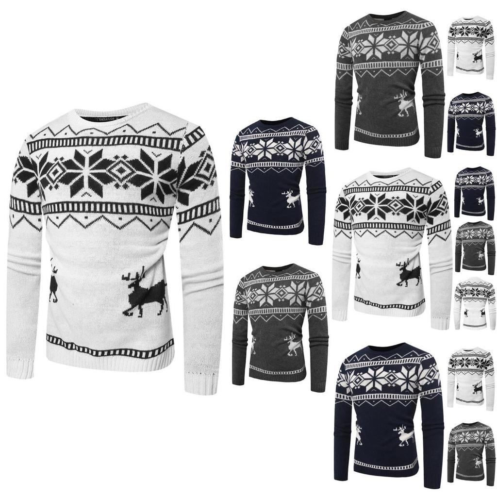 Gemütlicher und weicher Herren-O-Ausschnitt-Pullover mit festlichem Hirsch-Druckdesign für Weihnachtsfeiern