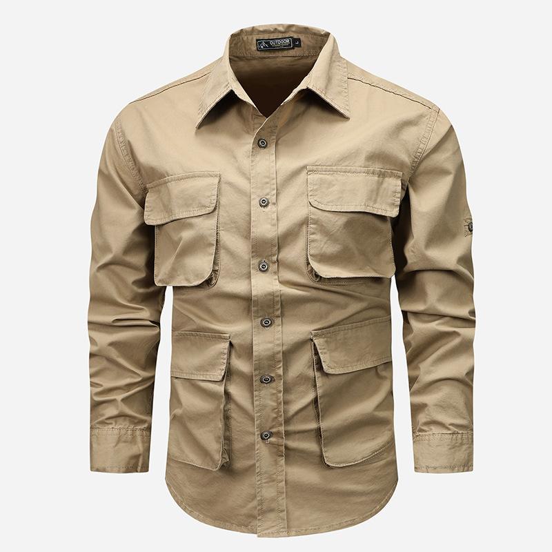 New Autumn and Winter Retro Pure Cotton Tooling Long-sleeved Shirt Men's Loose Large Size High-end Solid Color Shirt Casual Jacket