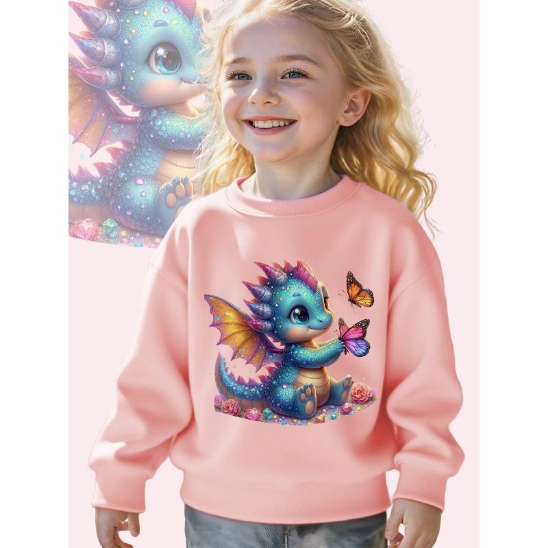European sizes Kids' Magical Dragon & Butterflies Fantasy Sweatshirt - Toddler Kids' Soft Loose-Fit Pullover with Cute Dragon & Wings Print