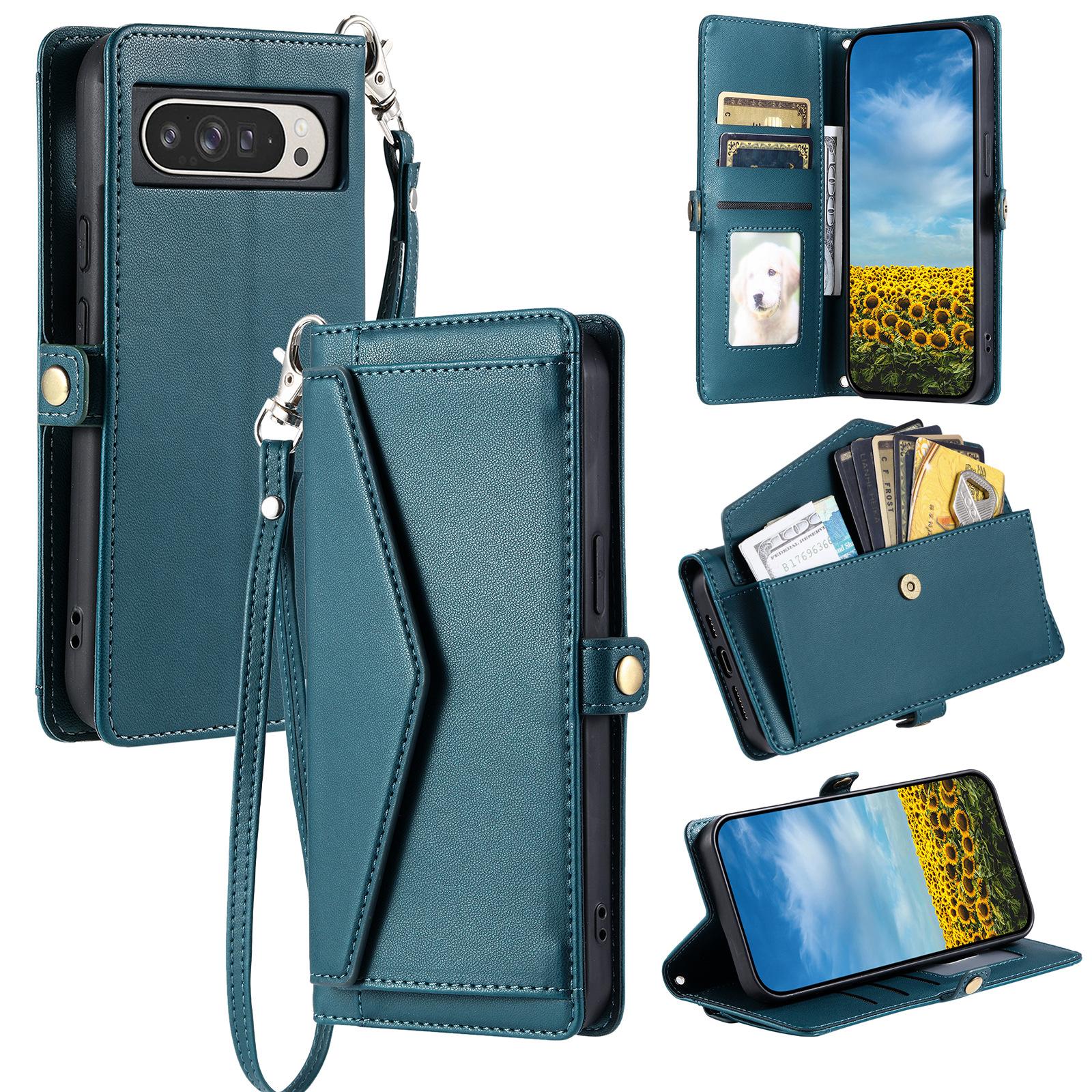 

For Google Pixel 10 Pro XL Leather Case with Wrist Strap Wallet Stand Phone Cover Blackish Green