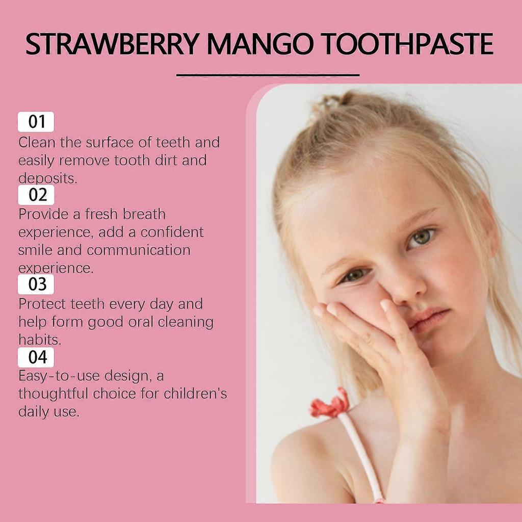 Children's toothpaste: cleans teeth, prevents cavities, gently removes plaque, freshens teeth, and has a fruity flavor.