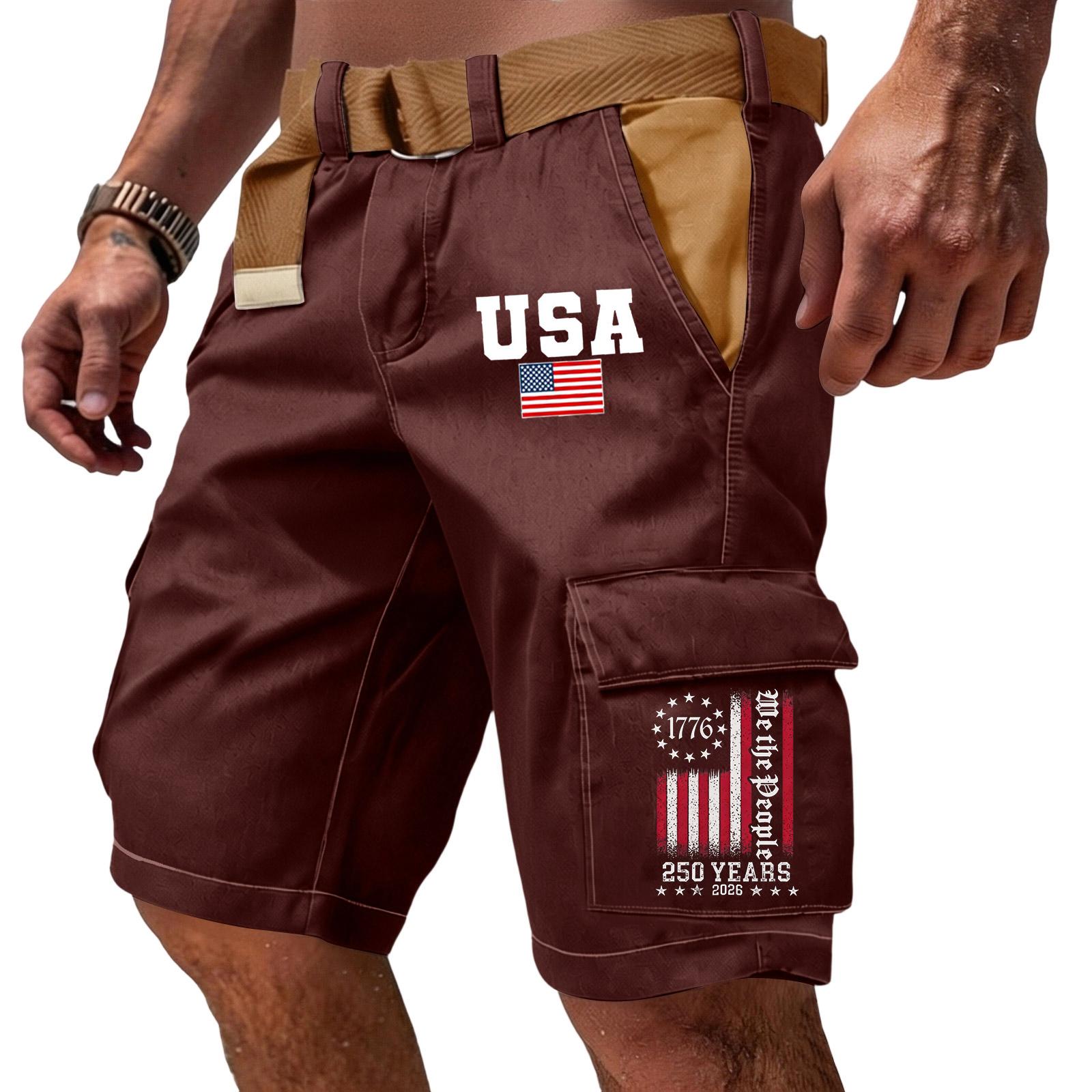 

Men s Casual Multi Pocket Cargo Shorts with Flag and Lettering Print Adjustable Waistband Outdoor Workwear Shorts L винний