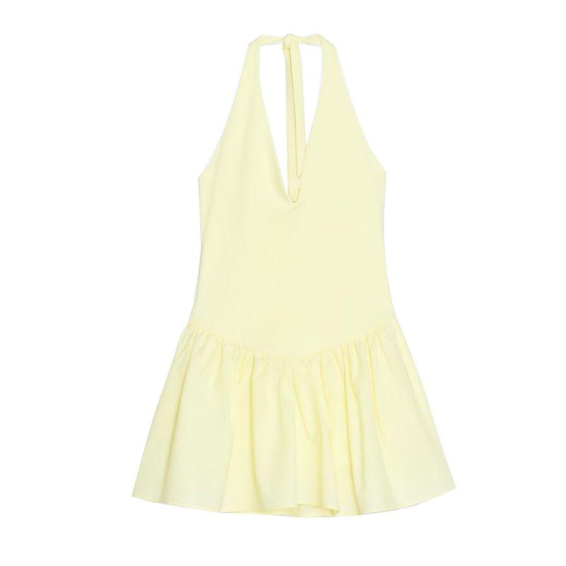 Spring and Summer New Women's Clothing French Open Back Design Bowknot Decoration Hanging Collar Patchwork Dress 0085338