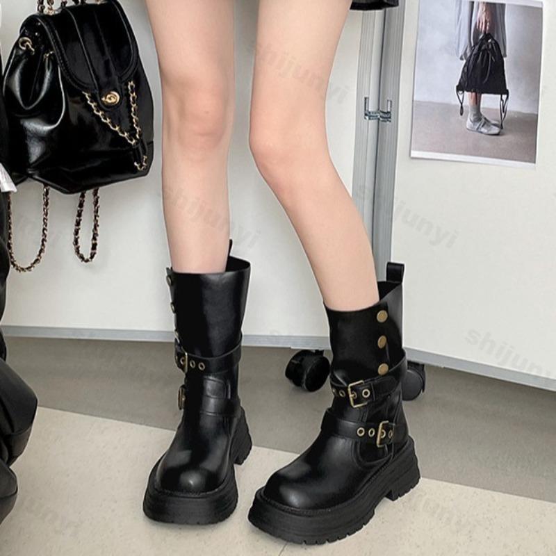 Fashion Women's Boots 2025 Autumn Fashion Retro Comfortable Anti Slip Britain Outdoor Long Boots Chunky Platform PU Leather Botas Mujer