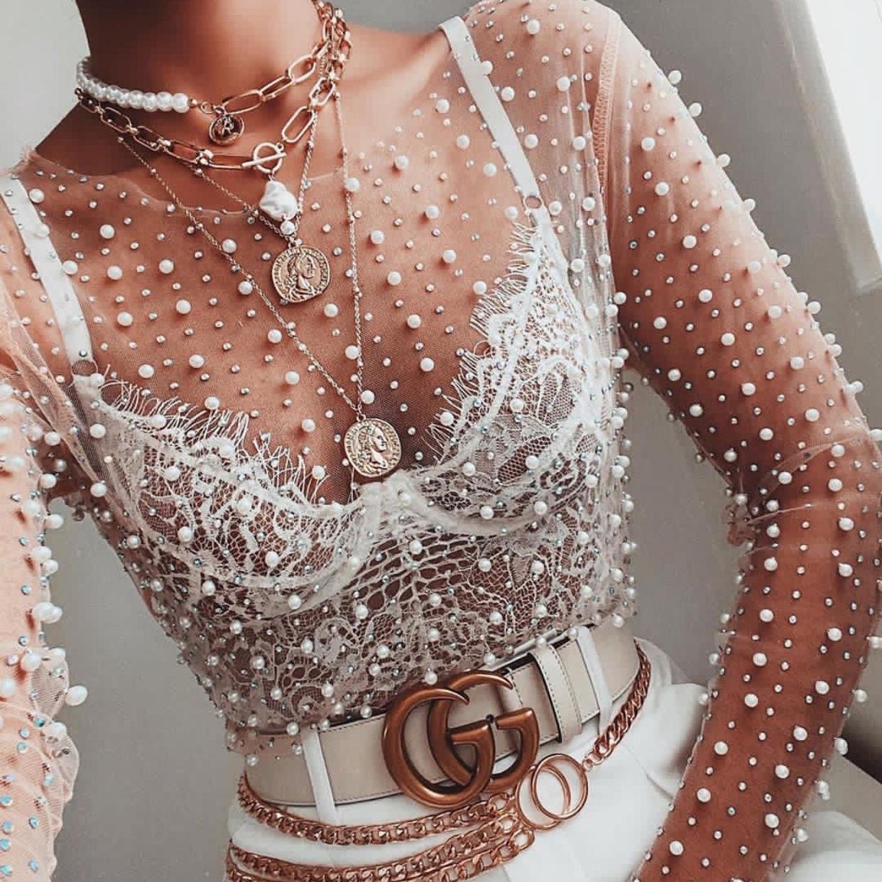 

Chic Transparent Rhinestone & Pearl Lace Top - Women s Long-Sleeve Mesh Shirt Medium
