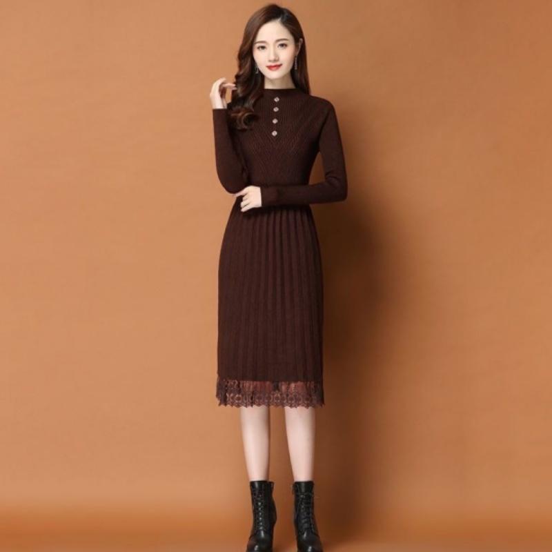 Осень-зима Утолщенное трикотажное платье Женское трикотажное платье с длинными рукавами, длинное выше колена, кружевное платье Милое платье А-силуэта XXXL