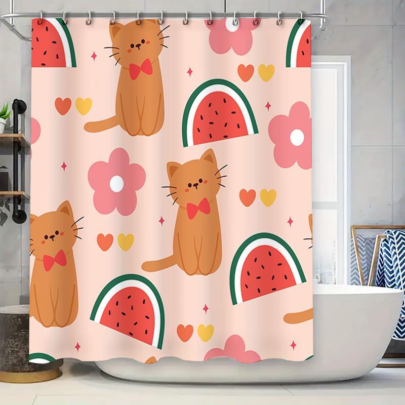 

Watermelon Cat Shower Curtain Set For Bathroom Decor Pink Floral Design With Bow Ties Polyester Fabric, 3D Printing (180X245Cm) W60H190(CM)-1 Pcs