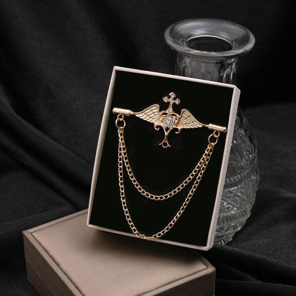 European & American Fashion Double Layer Chain Brooch - British Court Style Cross & Note Design for Men