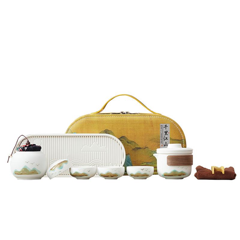 Travel tea set, simple coarse pottery outdoor portable ceramic express cup, one pot, four cups office tea pot