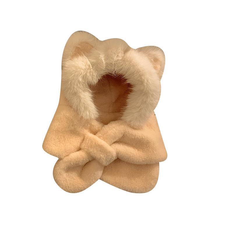 Winter Cute Bear Plush Hat and Scarf Integrated Women's Versatile Warm Fleece Lined Cute Neck Warmer