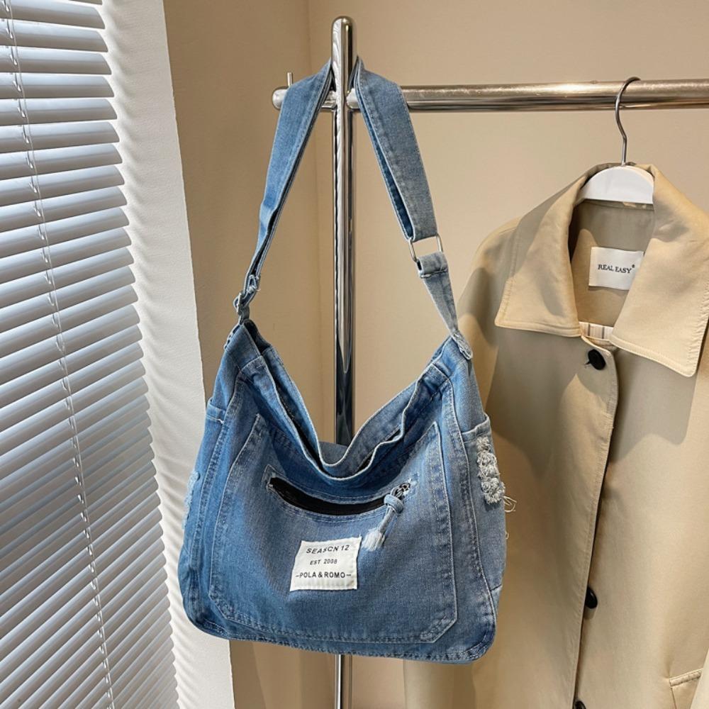 Fashion Sewing Thread Denim Crossbody Bags Zipper Multi-pocket Denim Bag Large Capacity Versatile Commuting Bag Youth Women