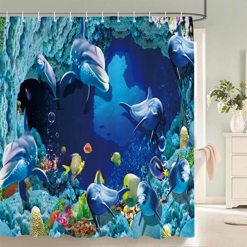 Unterwasserwelt Fisch Schildkröte 3D Duschvorhänge Ozean Delfin Meereslandschaft Stoff Wasserdicht Badvorhang Badezimmerdeko Sichtschutz