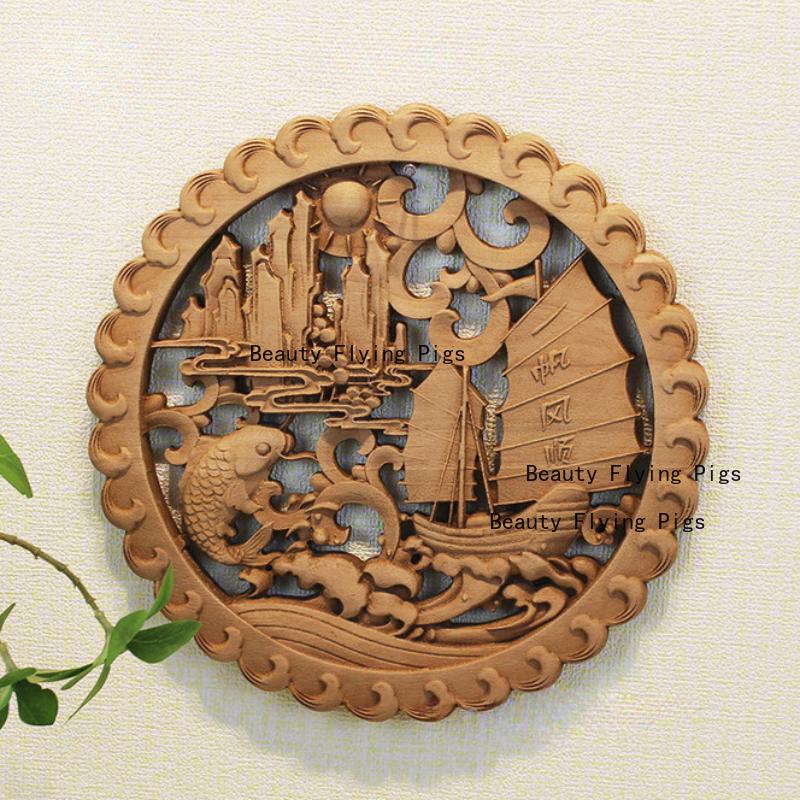 1pc Chinese Woodcarving Ornaments Solid Wood Carving Crafts Living Room Wall Decoration Home Accessories Wall Decorations