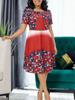 African Plus-Size Women's Digital Print Ruffle Hem Dress, Short Sleeve, Round Neck, Faux Two-Piece.