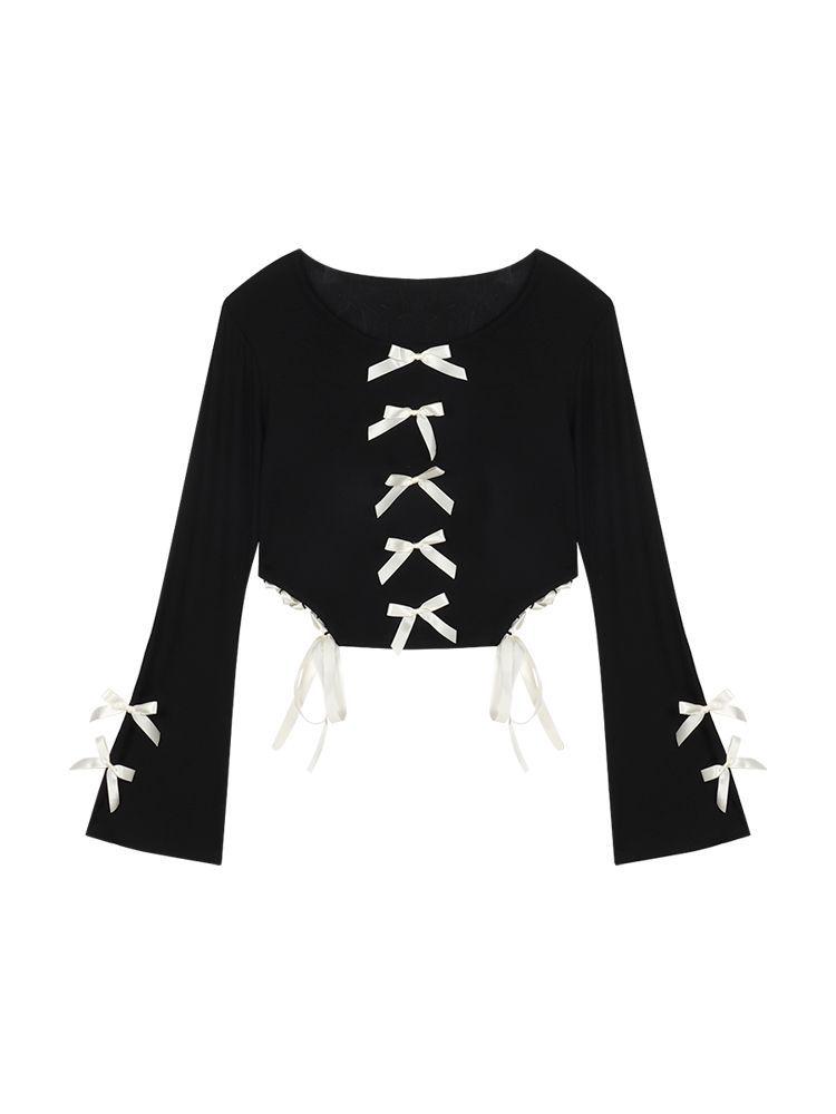 

Ретро Шик Футболка с Рукавами-Колокольчиками и Бантом: Универсальный топ с длинным рукавом для женщин One Size чёрный