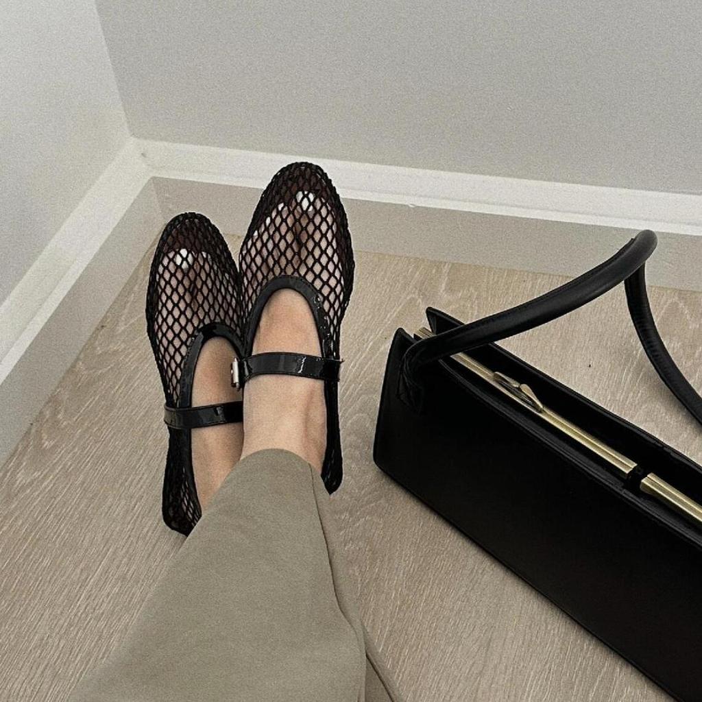 Cowhide Version~ Beautiful Mesh Leather Hollowed-out Mary Jane Single Shoes Women's Soft-soled Flats Sandals Fishing Net Shoes Ladyshoes