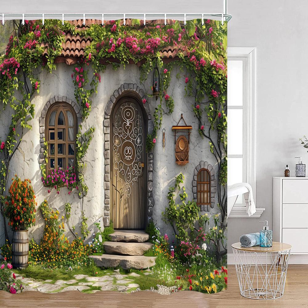 Hand-painted Street View Shower Curtains European Garden Cafe Green Plants Flowers Greenery Bathroom Decor Modern Bath Curtain