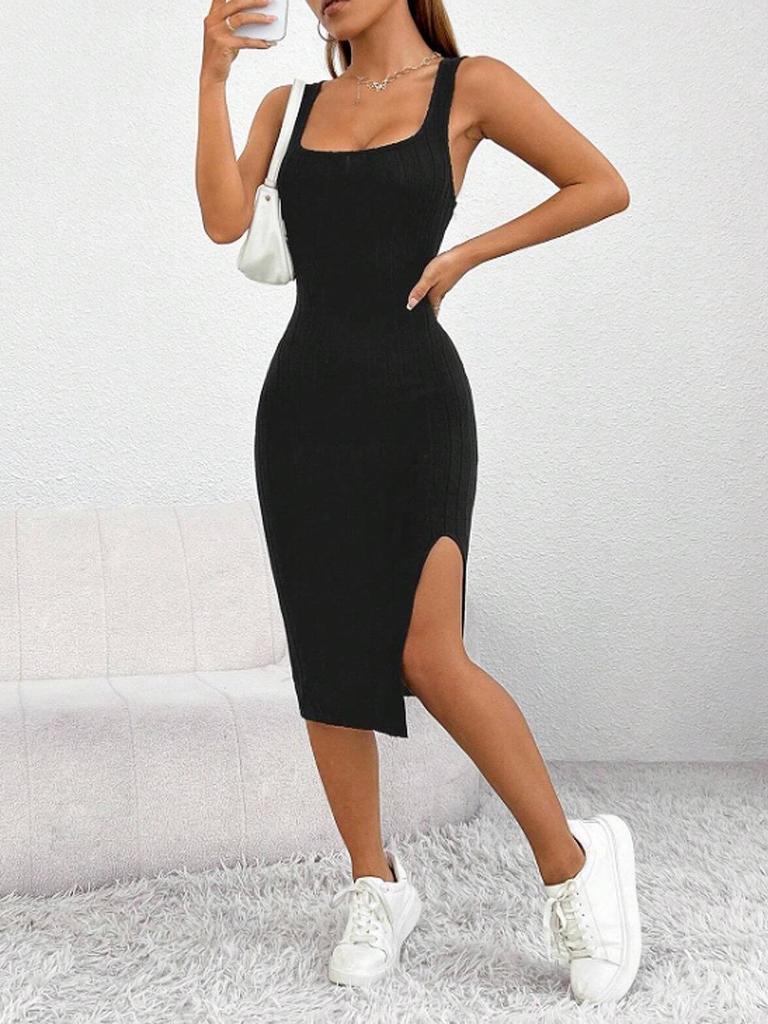 2024 Spring/Summer Sleeveless Slim Fit Dress: Solid Color, Large Hole Stripe Fabric with Slit Design for Women