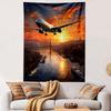 Airplane Flying Over Sunset Cityscape Patterned Tapestry Decorative Wall Hanging, Home Bedroom Living Room Decor