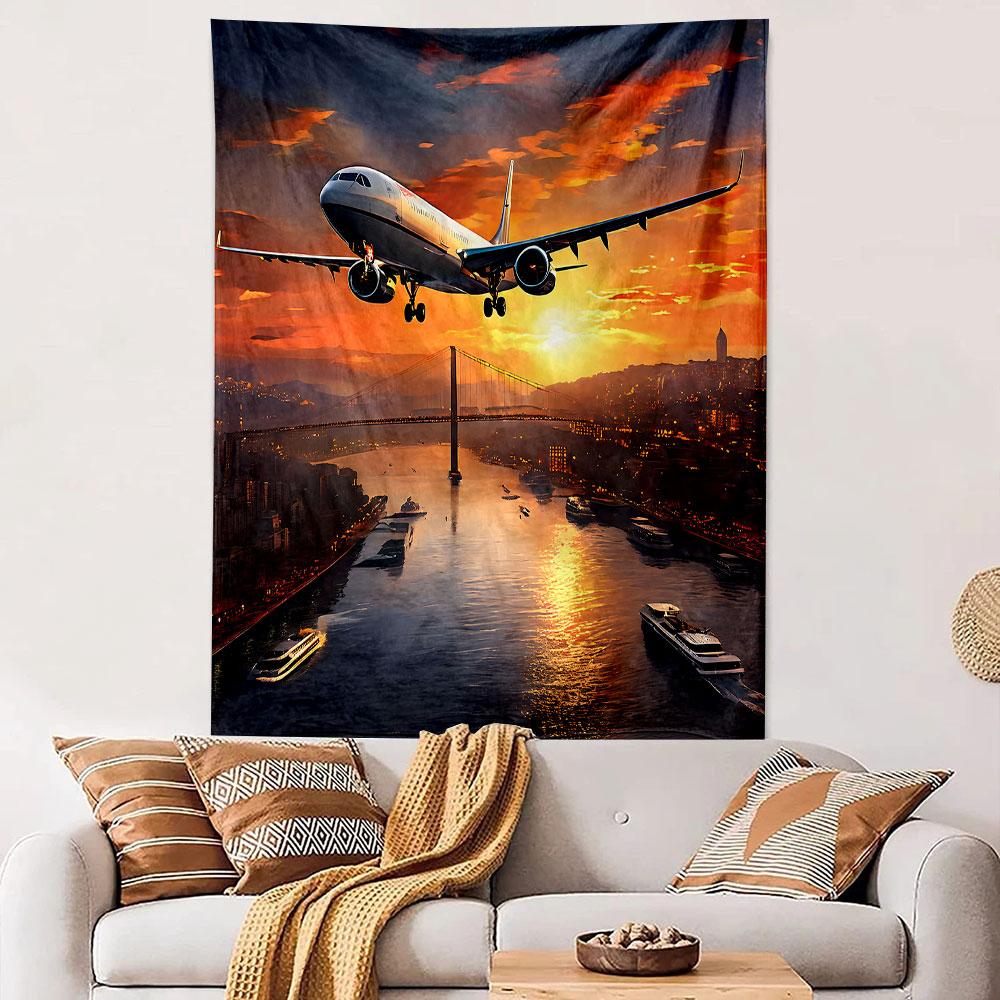 Airplane Flying Over Sunset Cityscape Patterned Tapestry Decorative Wall Hanging, Home Bedroom Living Room Decor